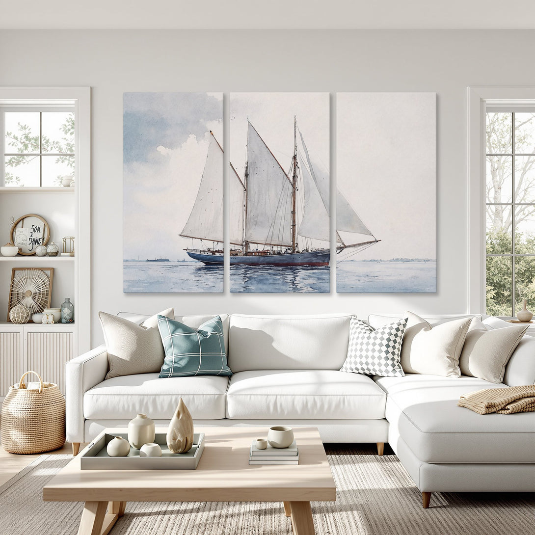 Canvas Print of a sailboat in watercolor style, blue and white palette. Coastal wall art for a serene home.