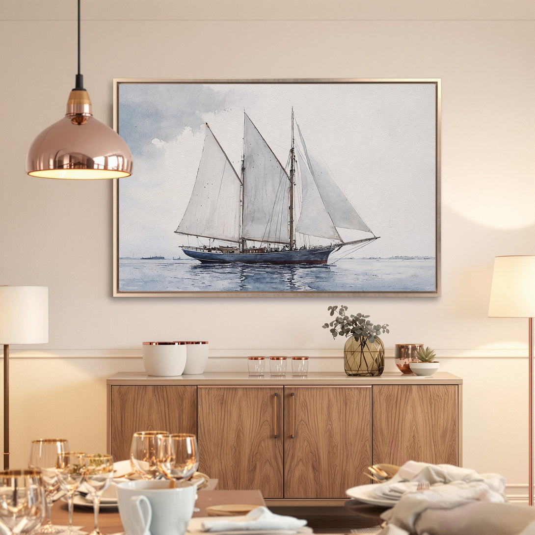 Framed Wall Art: Watercolor sailboat print in blue and gray tones. Coastal decor for a serene living space. Enhance your home with nautical art.