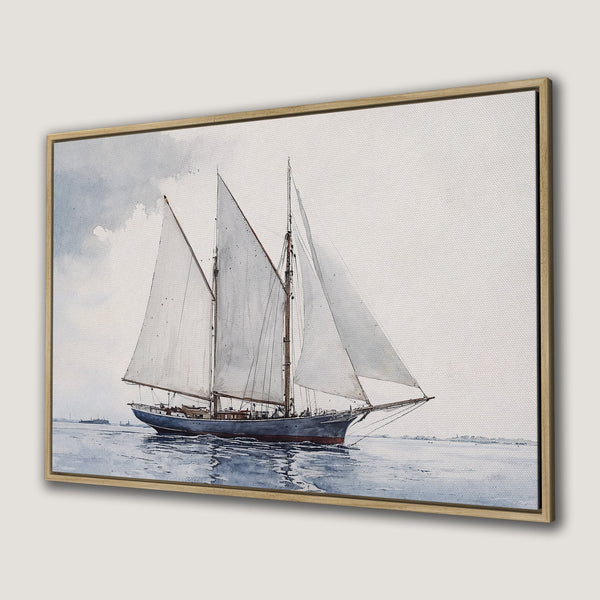 Framed Wall Art: Watercolor sailboat print in blue, gray, and neutral tones. Coastal decor, perfect for a nautical-themed living room or bedroom.