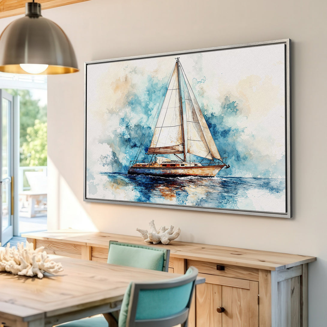 Framed Wall Art: Watercolor sailboat print in blue and beige tones. Coastal style canvas art for a serene and stylish home.