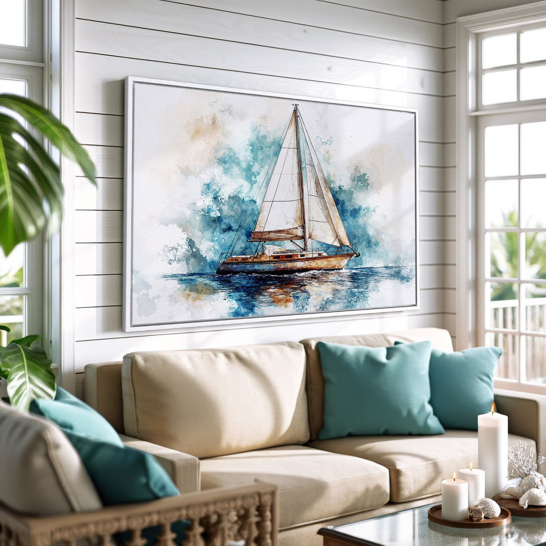 Framed Wall Art: Watercolor sailboat print with blue and tan hues. Coastal art perfect for living rooms. Add a touch of nautical charm to your home!