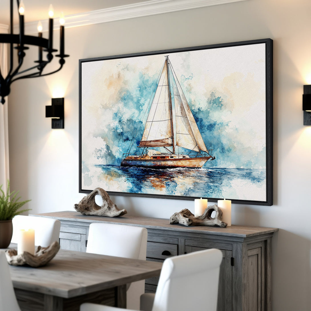 Framed Wall Art: Watercolor sailboat print in blue and beige tones. Coastal art perfect for your home decor.