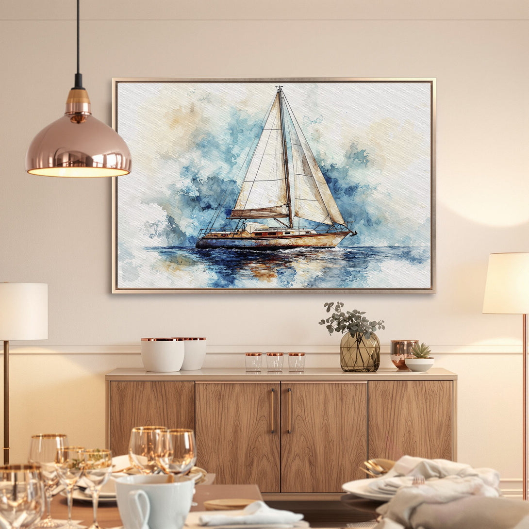 Framed Wall Art: Watercolor sailboat art in blue and beige tones. Coastal decor for a serene living space. Shop Canvas Prints today!