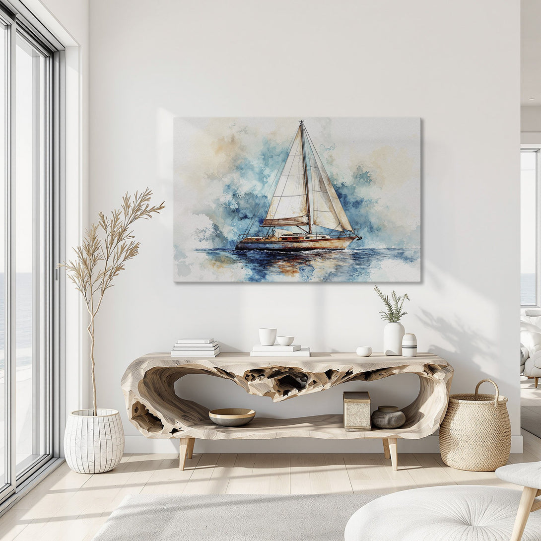 Framed Wall Art: Watercolor sailboat print with blue, beige, and gold tones. Coastal decor for a serene living space.
