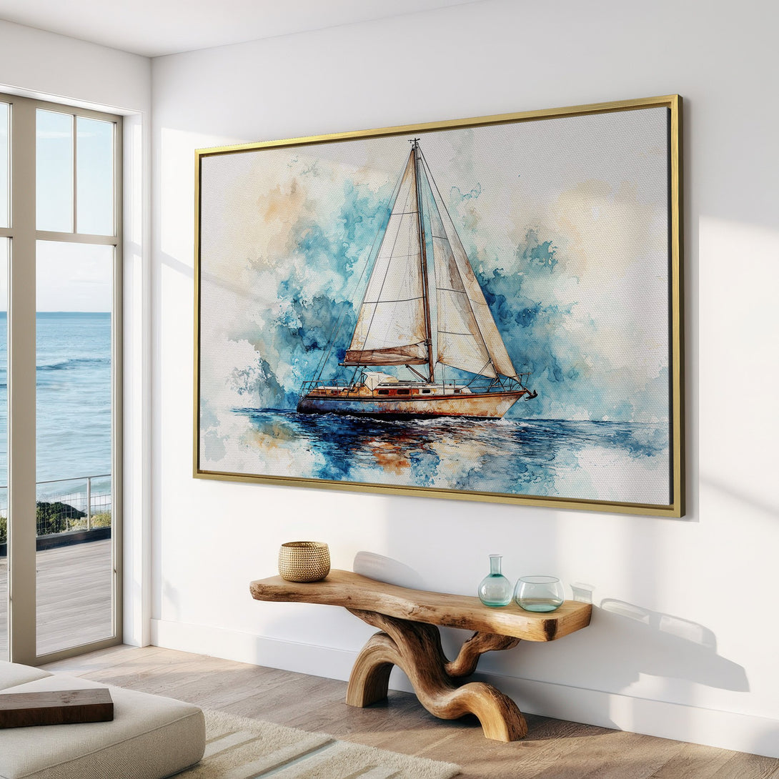 Canvas Print of a watercolor sailboat. Coastal art in blue and beige tones. Perfect for a serene living room.