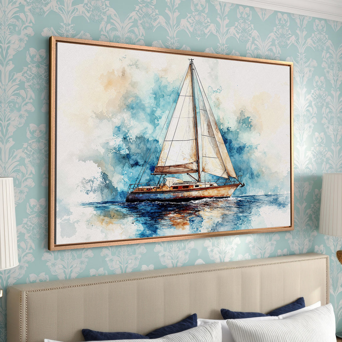 Framed Wall Art: Watercolor sailboat print in blue and beige tones. Coastal art perfect for bedroom decor. Enhance your space with this nautical canvas.