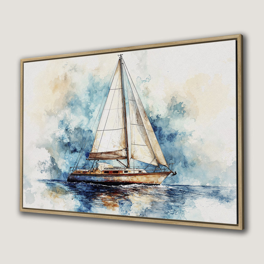 Framed Wall Art: Watercolor sailboat print in blue and beige tones. Coastal art for a serene home. Canvas Print adds a touch of nautical style.