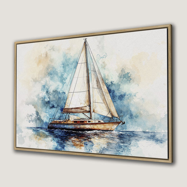 Framed Wall Art: Watercolor sailboat print in blue and beige tones. Coastal art for a serene home. Canvas Print adds a touch of nautical style.