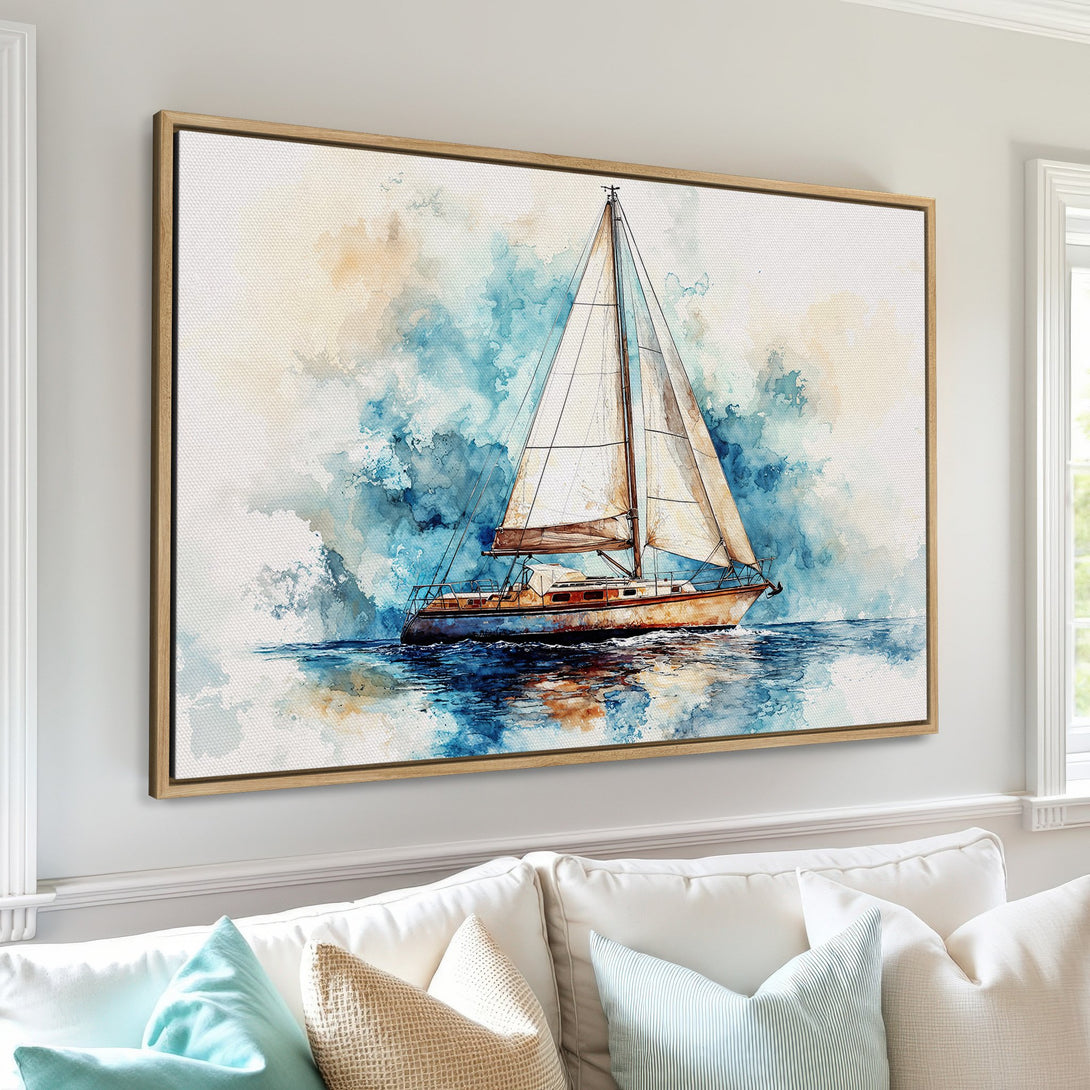 Watercolor Canvas Print of a sailboat. Coastal-inspired art in blue, beige, and white. Perfect framed wall art for a nautical decor.