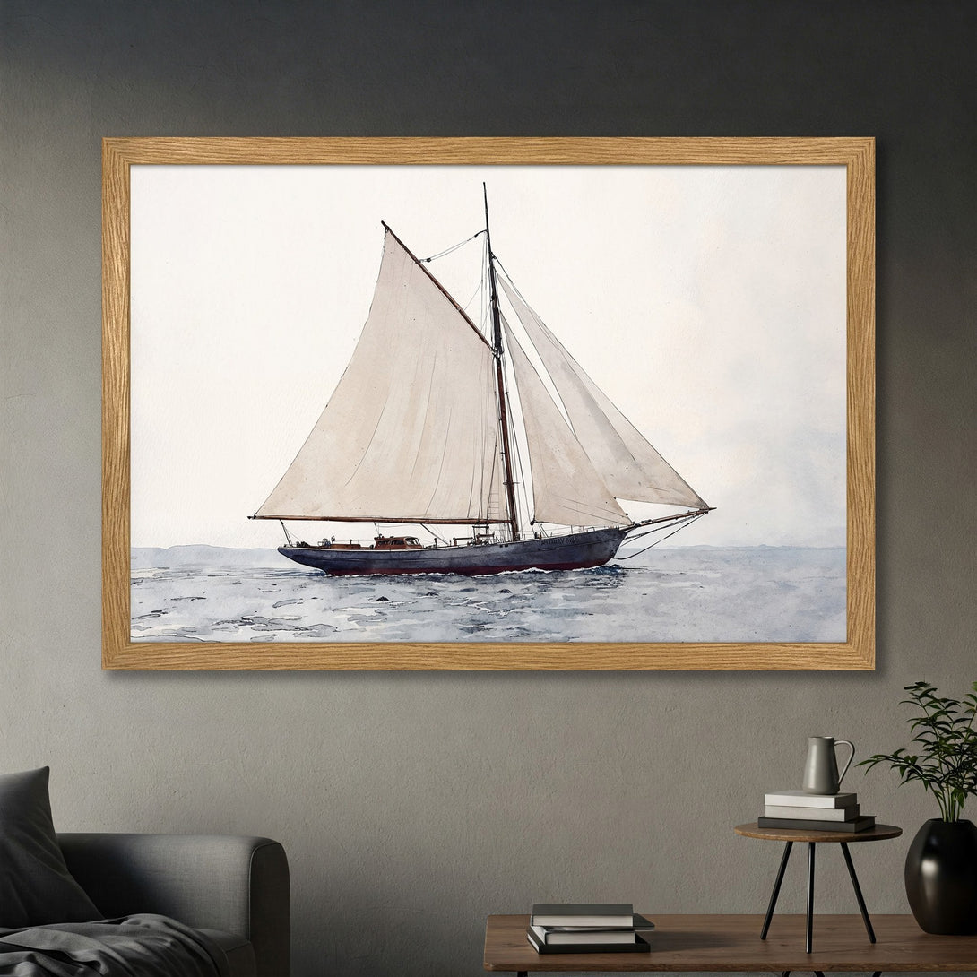 Framed Poster of a sailboat in watercolor style. Soft blues, grays, and beige create a serene nautical artwork. Perfect for coastal decor.