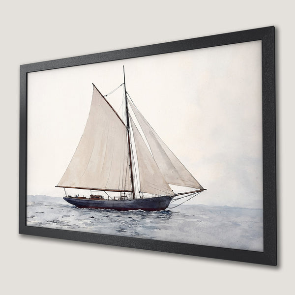 Framed Poster of a sailboat on the sea, watercolor style, muted blue and beige tones. Bring nautical charm to your home!