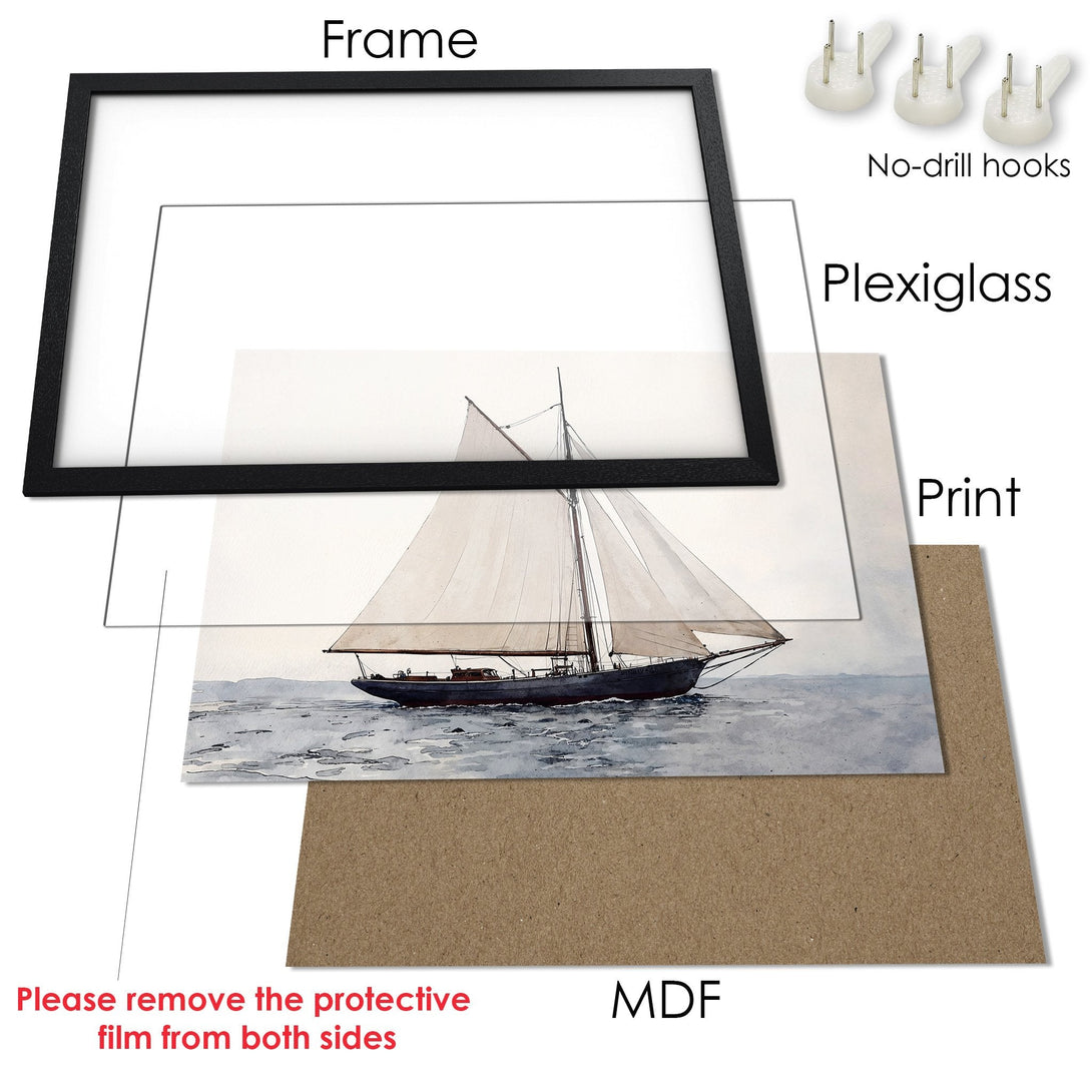 Framed Poster of a sailboat in watercolor style, featuring a neutral color palette. Perfect nautical wall art!
