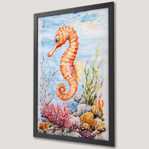 Framed Poster featuring a watercolor seahorse in vibrant orange, blue, and coral tones. Coastal art perfect for any space.