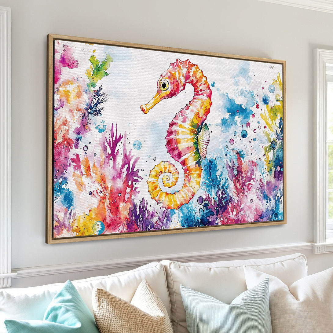 Framed Wall Art Canvas Print featuring a vibrant watercolor seahorse. Colorful, artistic style with a bright, tropical palette of pinks, blues, and yellows.