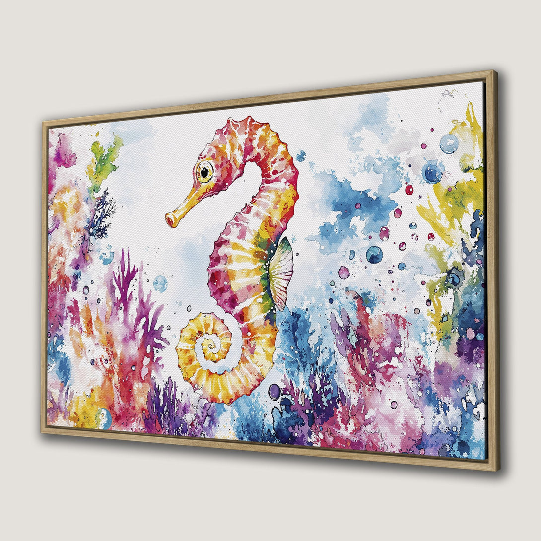 Canvas Print featuring a watercolor seahorse in vibrant, colorful hues of orange, pink, and blue, perfect for coastal decor.
