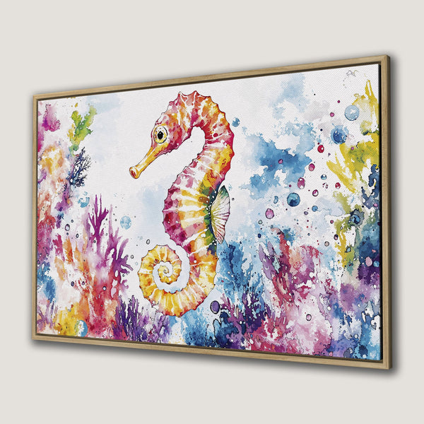 Canvas Print featuring a watercolor seahorse in vibrant, colorful hues of orange, pink, and blue, perfect for coastal decor.