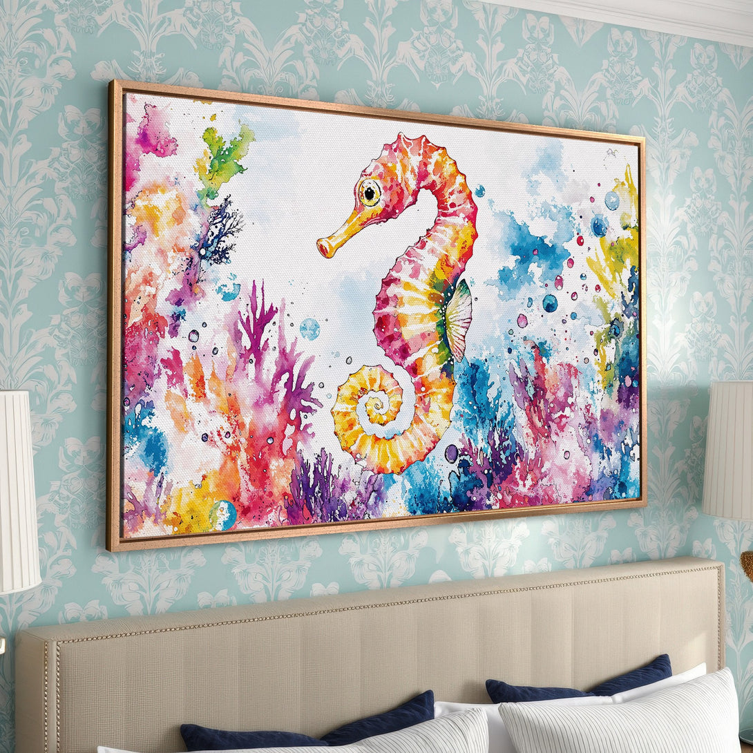Framed Wall Art featuring a vibrant watercolor seahorse. Colorful ocean scene with coral and a bright, warm palette. Perfect for coastal decor.