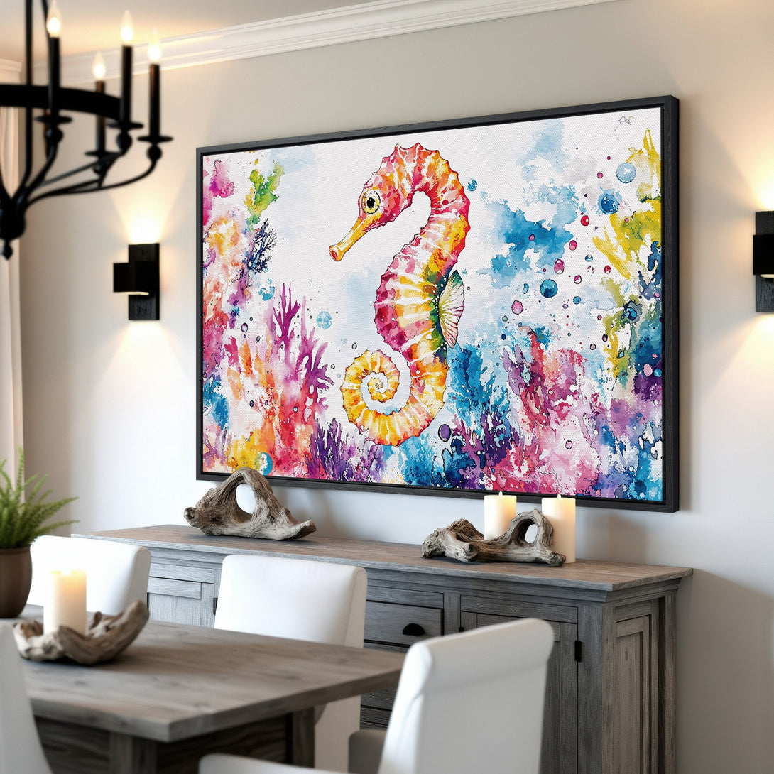 Framed Wall Art featuring a vibrant watercolor seahorse. Colorful Canvas Print with a bright, multi-color palette, perfect for coastal decor.