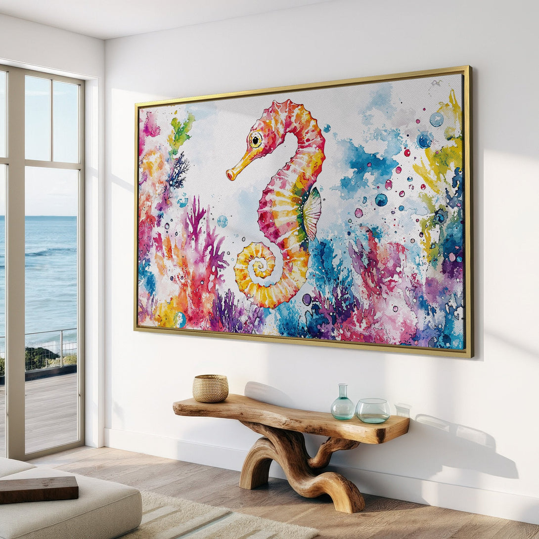 Canvas Print featuring a vibrant watercolor seahorse. Colorful artwork with a bright, playful palette of pink, yellow, blue, and purple. Perfect wall decor!