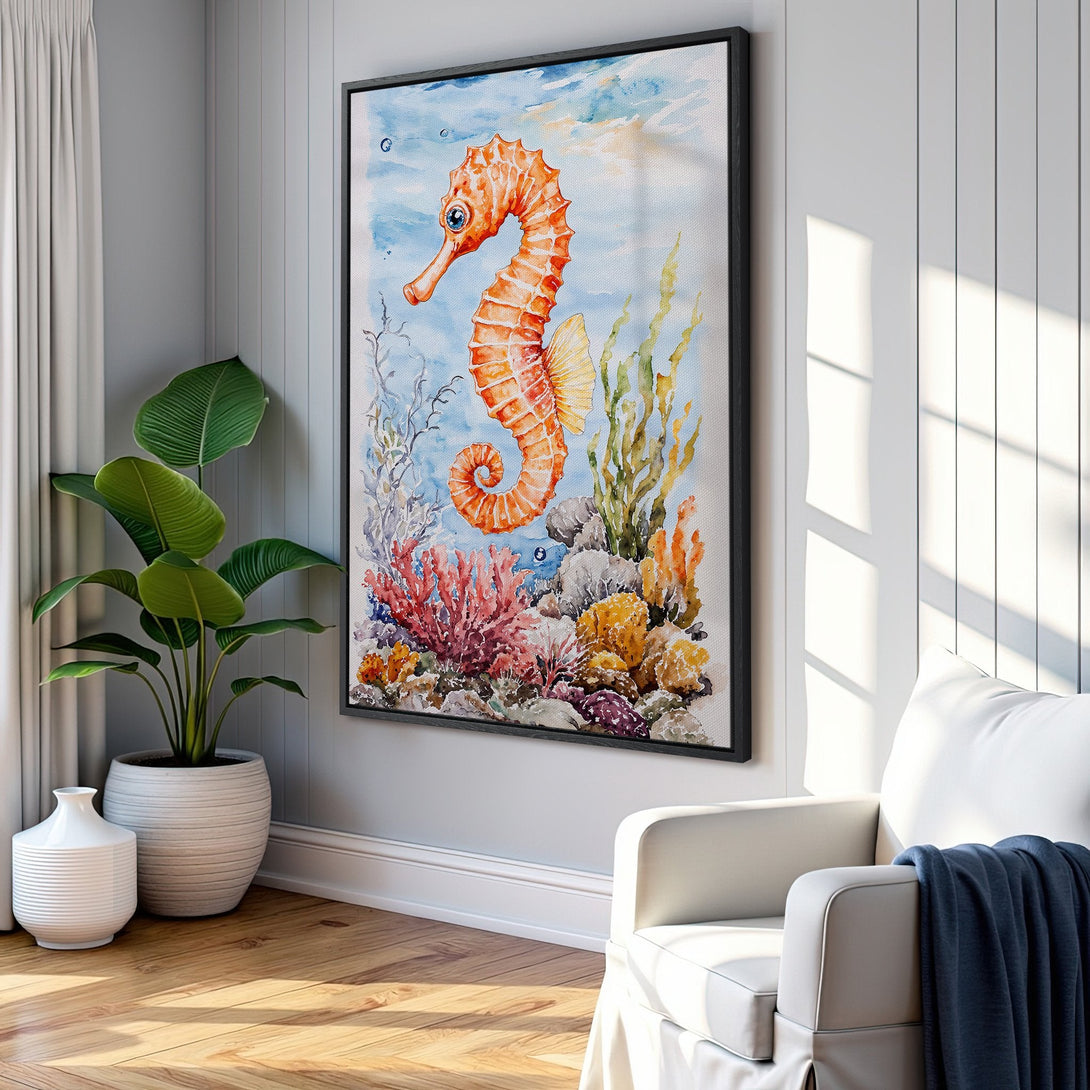 Framed Wall Art featuring a watercolor seahorse in vibrant orange, blue, and coral hues. Perfect coastal decor for your home!