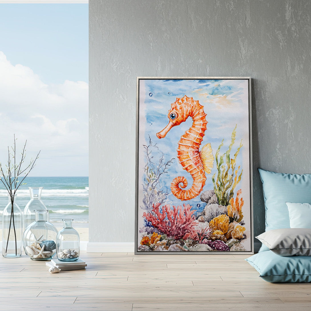 Framed Wall Art: Watercolor seahorse print in coastal style. Features vibrant orange, blue, and coral tones. Perfect beach house decor!