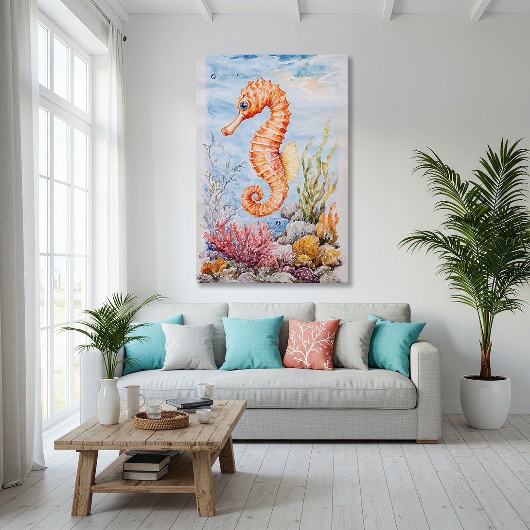 Framed Wall Art: Watercolor seahorse print in coastal interior. Features a vibrant orange seahorse against a blue & coral palette, perfect for beach decor.