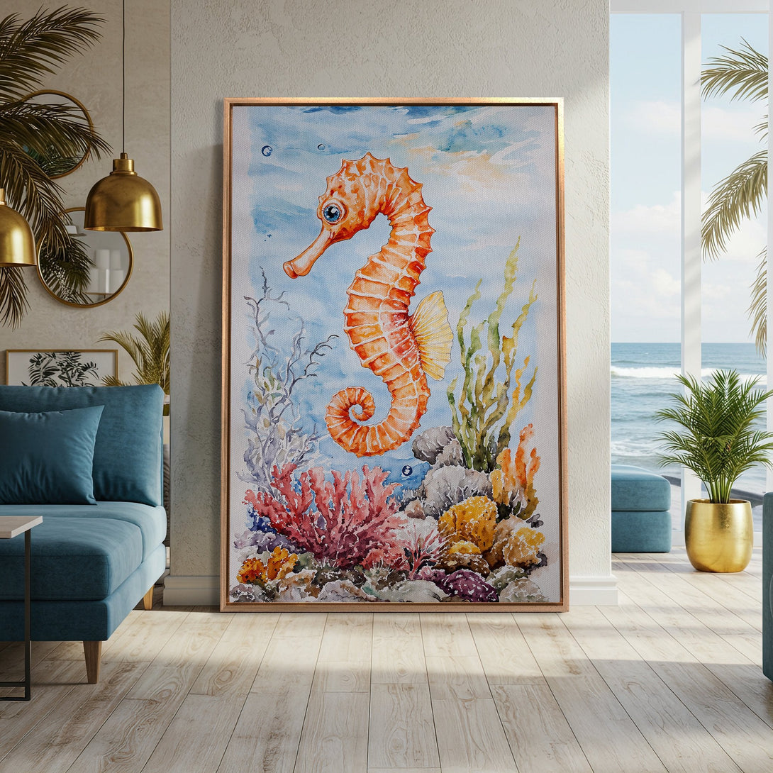 Framed Wall Art: Watercolor seahorse print in warm orange & blue tones. Coastal decor for a serene living room. Shop unique wall art today!