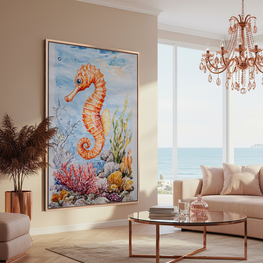 Framed Wall Art: Watercolor seahorse print in coastal home decor. Features orange, blue, and coral hues, adding a touch of ocean-inspired art to any space.