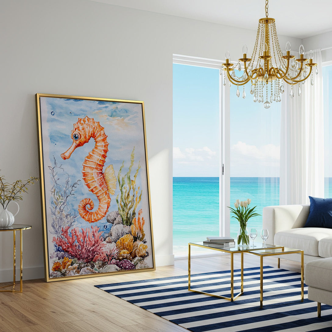 Watercolor Canvas Print of a seahorse in ocean scene, featuring orange, blue, and coral colors, perfect for coastal decor.
