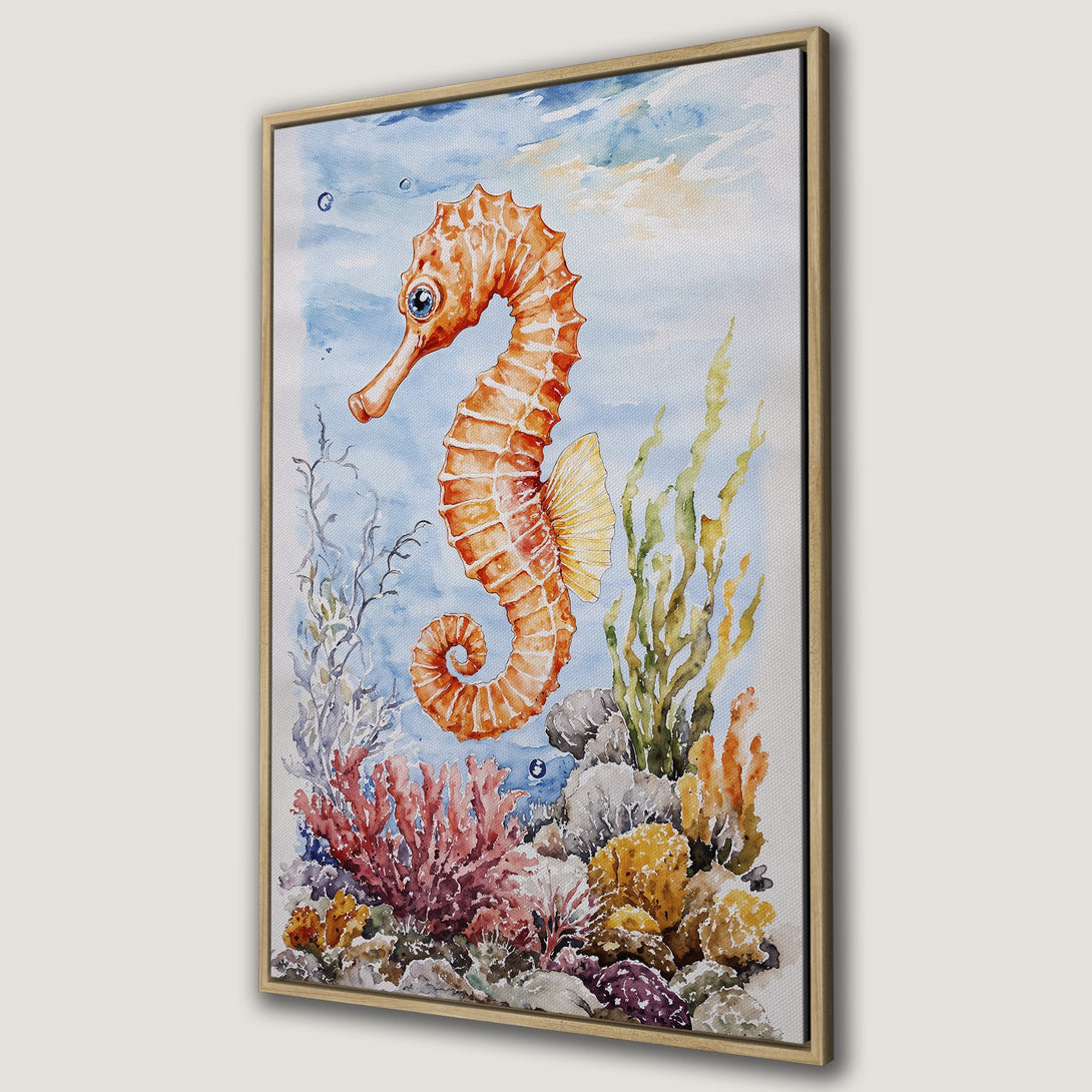 Framed Wall Art featuring a watercolor seahorse. Coastal-themed art with a warm color palette of orange, blue, and yellow. Perfect for your home!