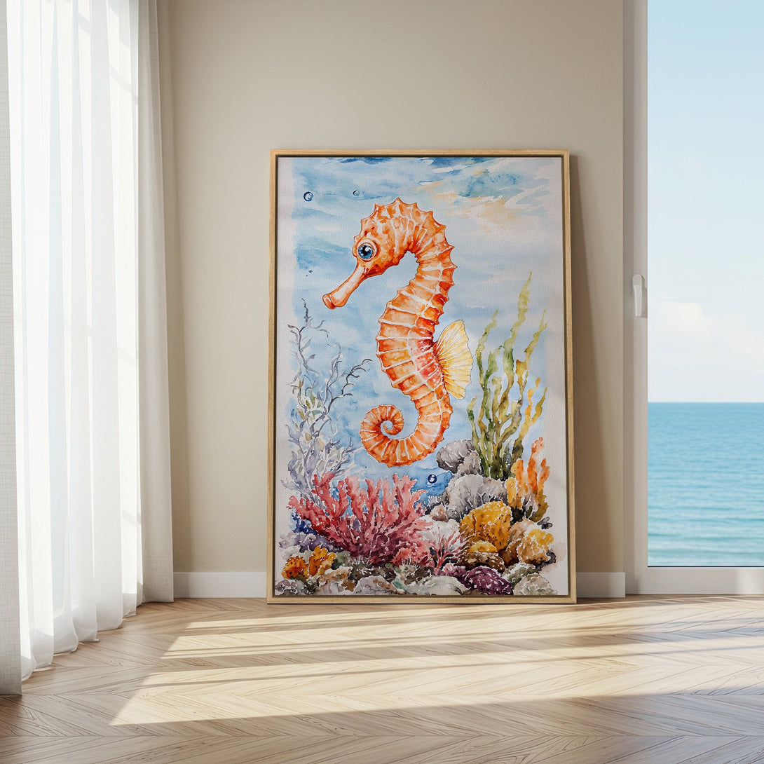 Framed Wall Art: Watercolor seahorse print in warm orange and blue hues. Coastal decor for a serene and stylish home.
