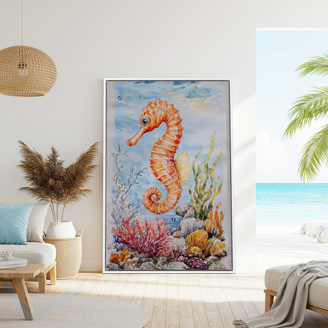 Framed Wall Art featuring a watercolor seahorse in a tropical setting. Coastal art with a warm, inviting color palette. Perfect for beach house decor.