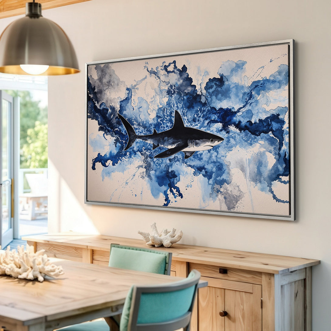 Framed Wall Art: Watercolor shark print in blue and white. Coastal art for your home. Modern canvas print decor.