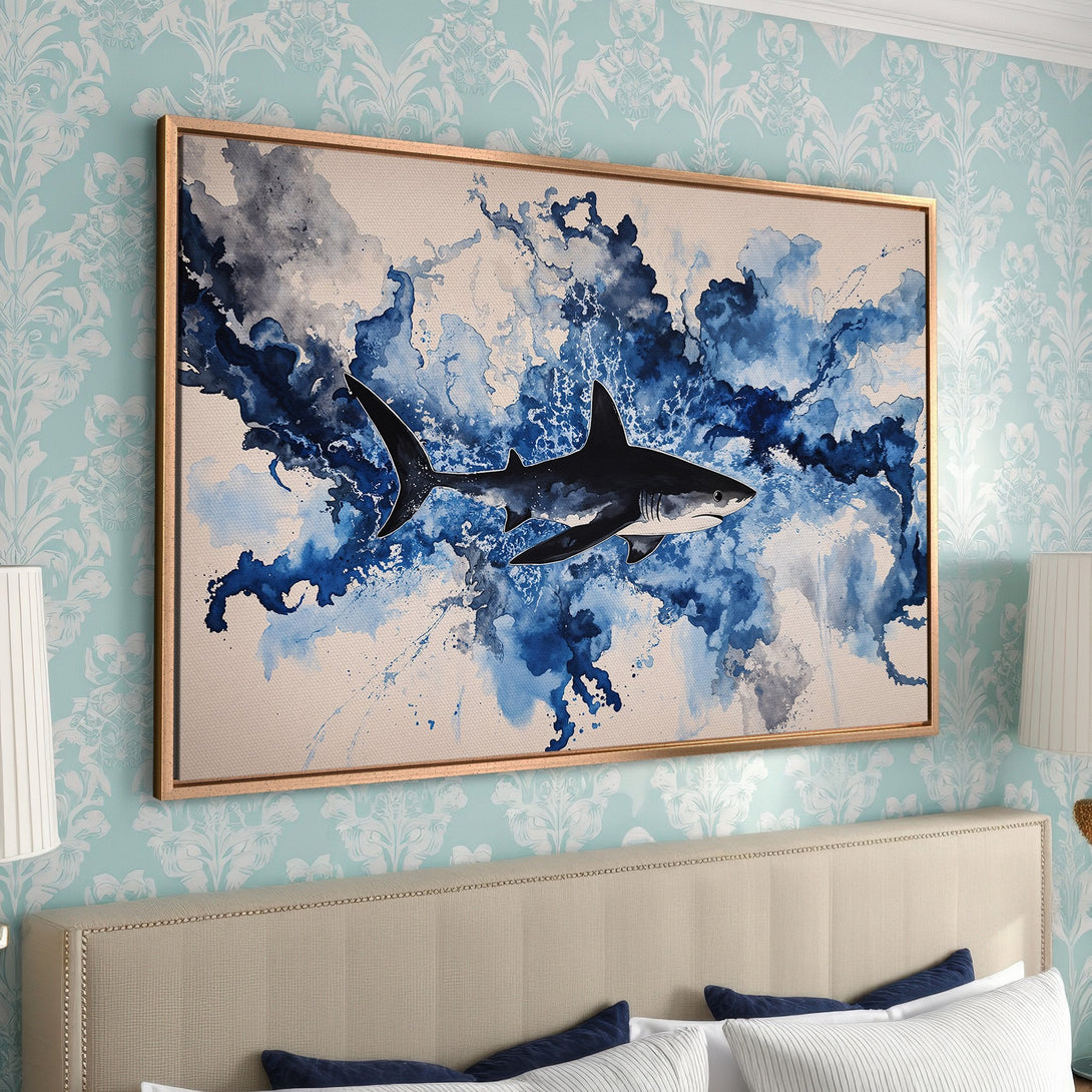 Framed Wall Art featuring a watercolor shark in blue and white. Modern coastal decor for bedrooms. Canvas Print adds a splash of ocean art.