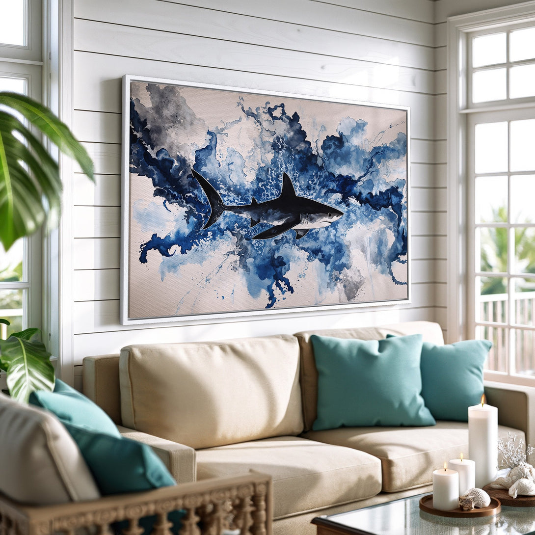 Framed Wall Art: Abstract watercolor shark print in blue and white. Coastal decor inspiration for your living room. Shop now!