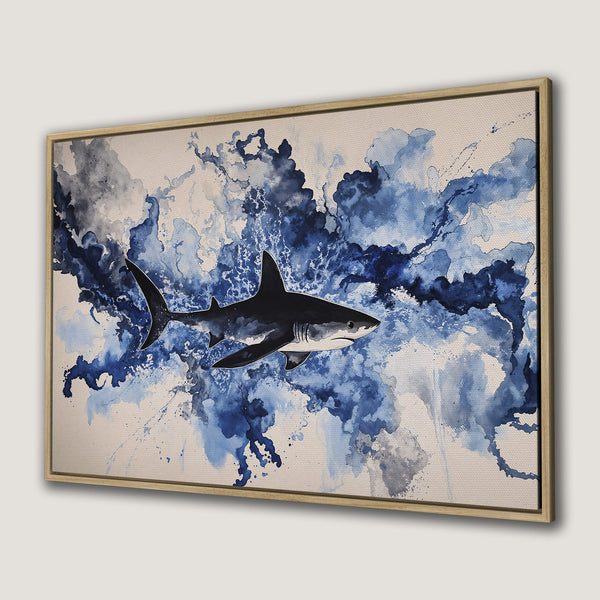 Framed Wall Art: Abstract watercolor shark in blue hues. Coastal decor with a modern, artistic touch. Perfect for ocean lovers!