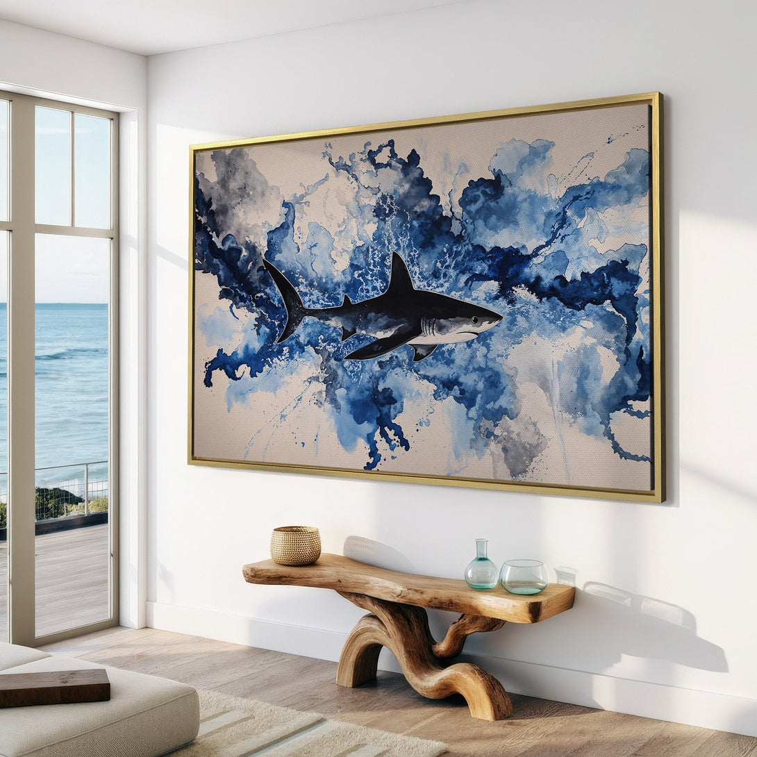 Canvas Print featuring a majestic shark in abstract blue watercolor style, perfect for coastal decor. Modern wall art with a serene, blue and neutral color palette.