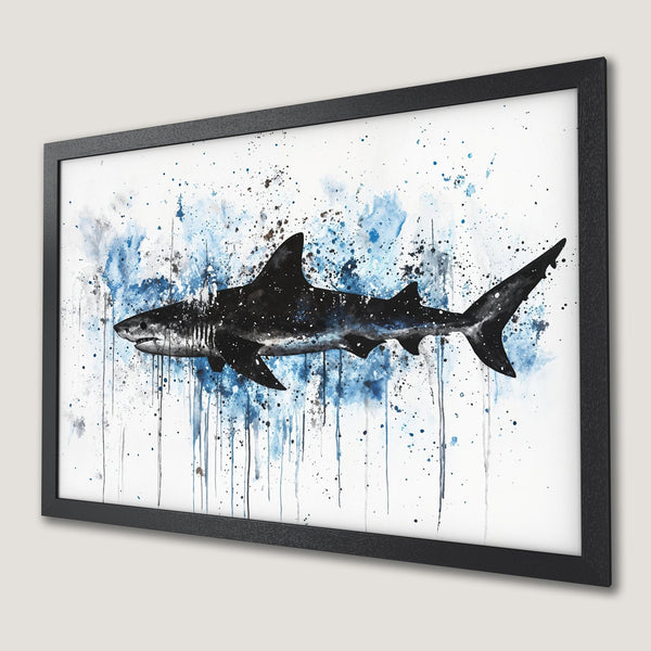 Framed Poster of a shark in watercolor style with blue and black color palette. Perfect wall art for your home!