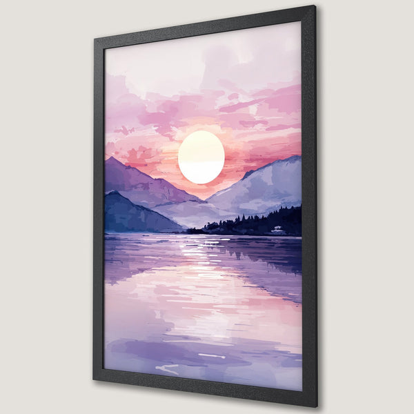 Framed Poster of a sunset over mountains with a watercolor style in pinks and purples. Perfect wall art for your home.