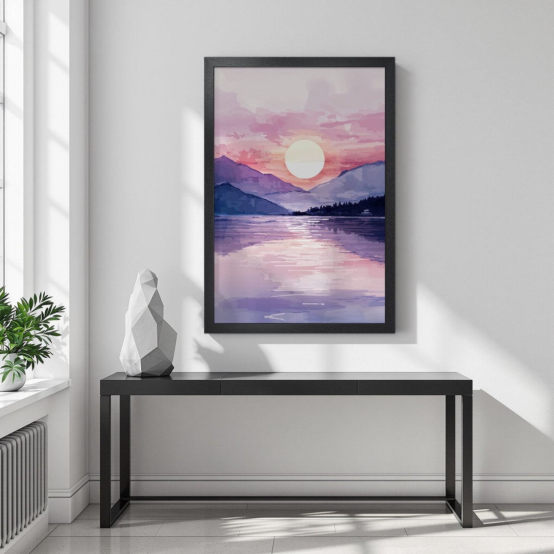 Framed Poster of a watercolor sunset over a lake. Serene art in pinks, purples, and blues. Perfect wall decor.