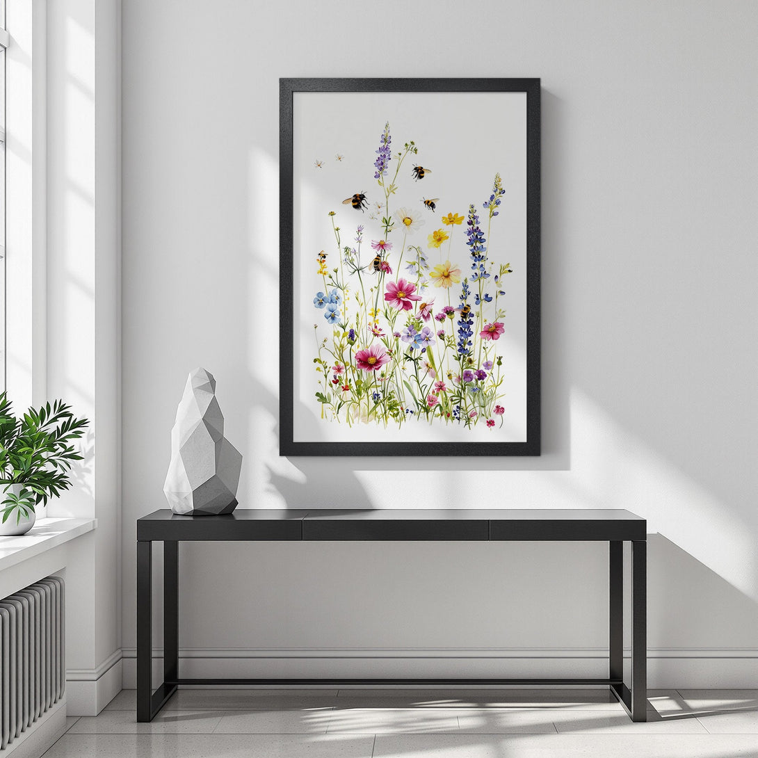 Framed Poster featuring a watercolor wildflower meadow. Soft, colorful botanical art with a bright, airy feel. Perfect wall decor!