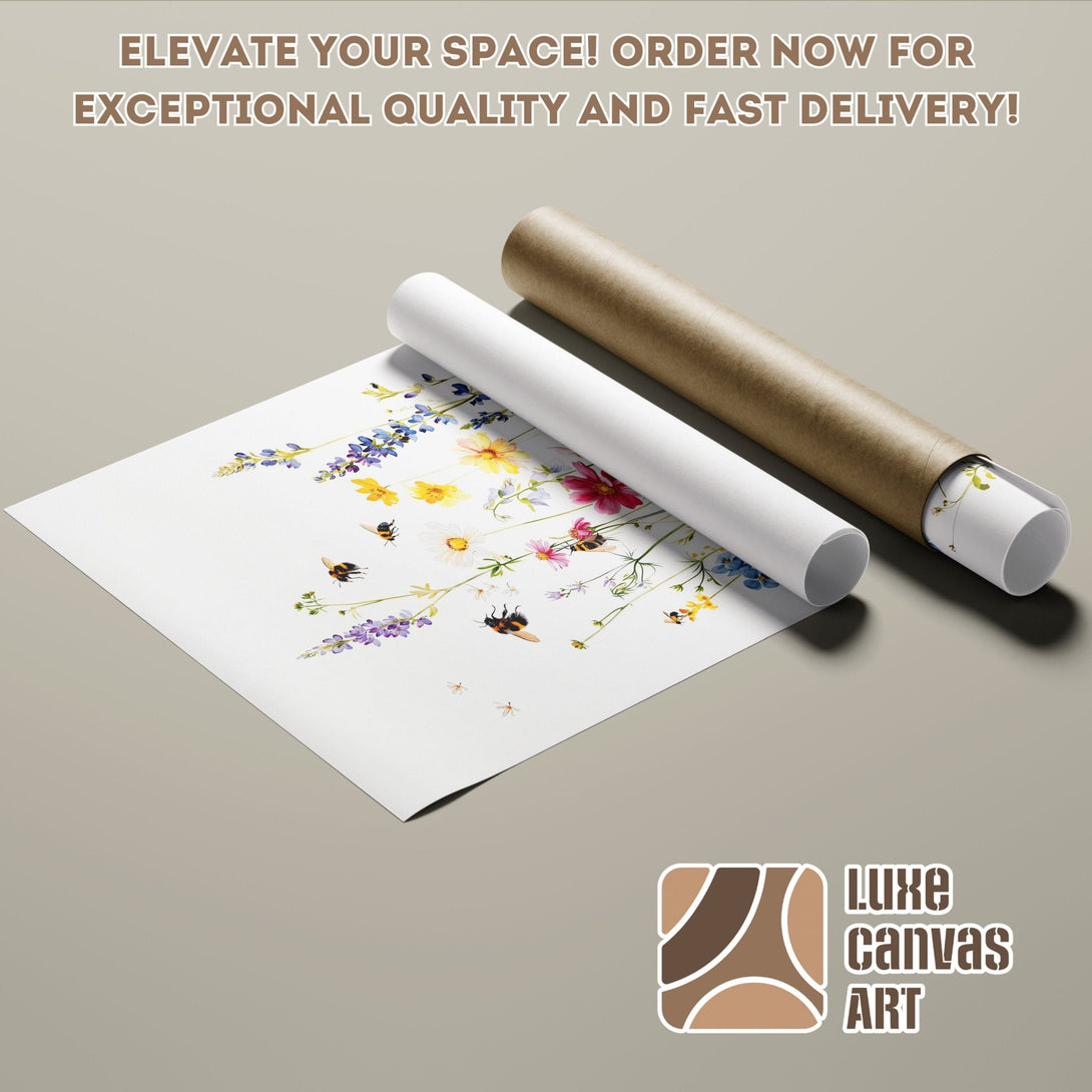 Poster Roll of watercolor floral art with bees, featuring a soft color palette. Perfect for home decor!
