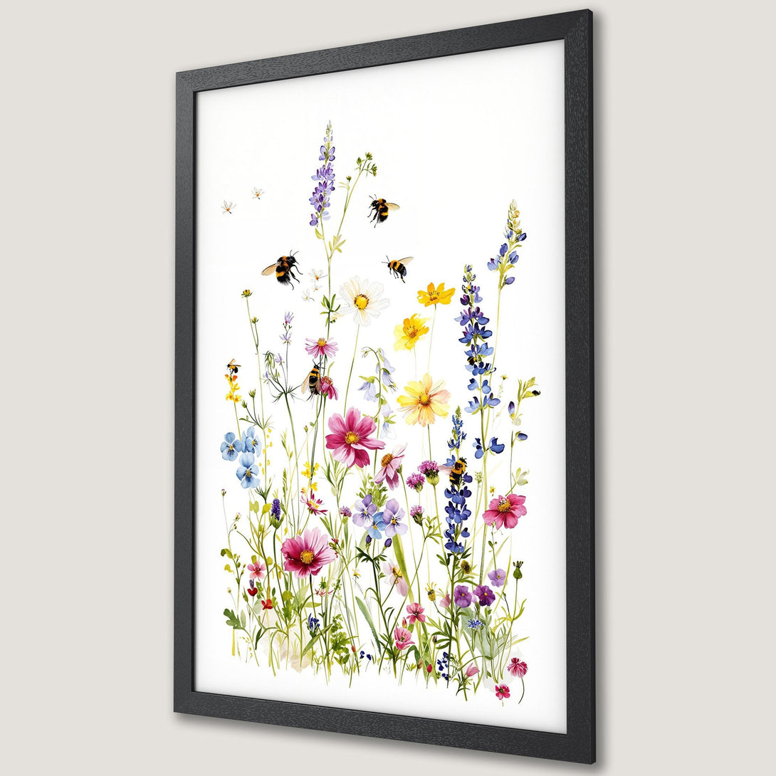 Framed Poster featuring a watercolor wildflower meadow with bees. Vibrant floral art in a colorful palette. Perfect wall decor.