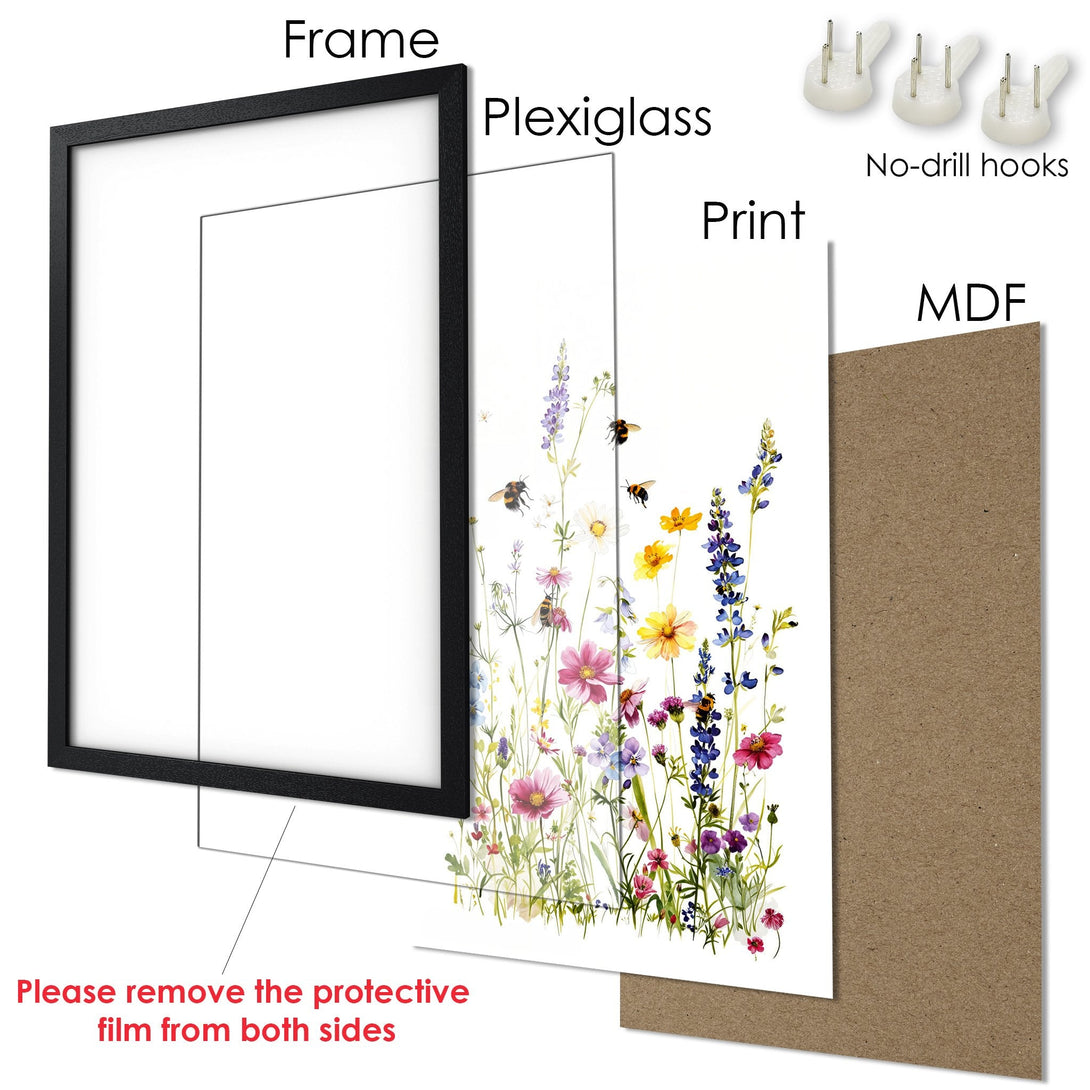 Framed Poster with watercolor wildflowers. Features a vibrant, floral print in a colorful palette. Perfect wall art!