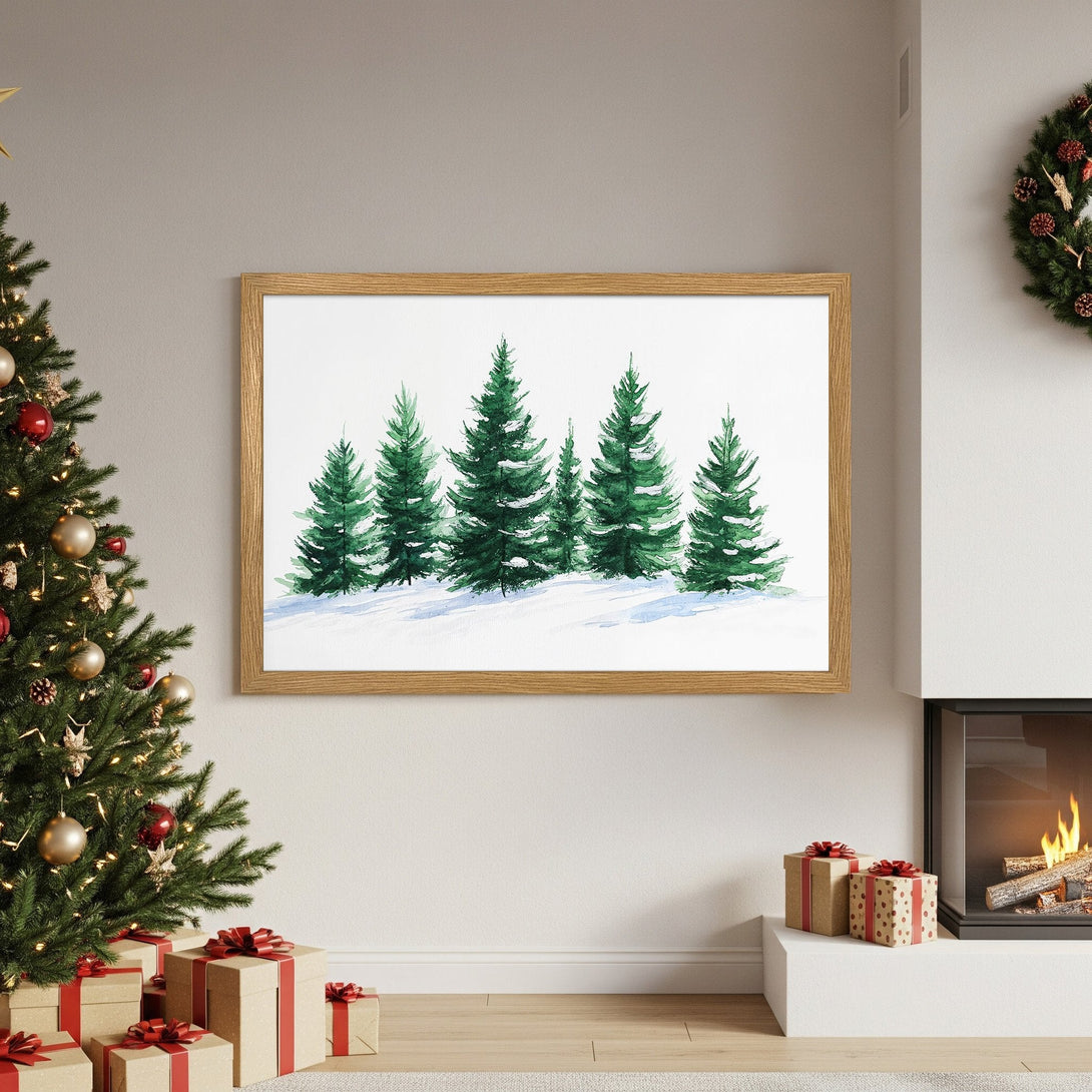 Framed Poster featuring watercolor evergreen trees in green & white, perfect for holiday decor. Add a touch of nature to your home!
