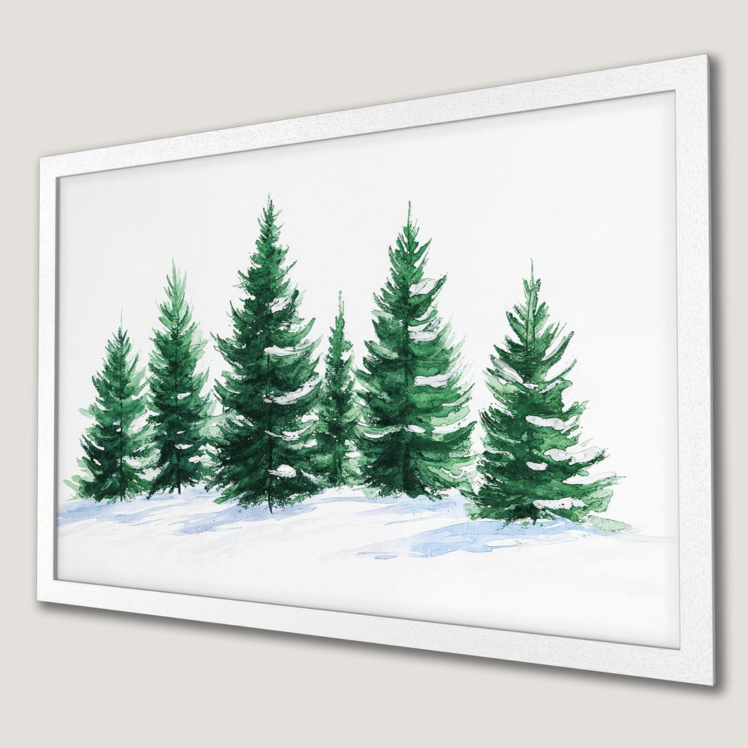 Framed Poster of watercolor evergreen trees in a snowy landscape. Serene, nature-inspired art in green and white. Perfect wall decor.