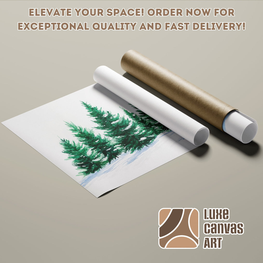 Watercolor Poster Roll featuring evergreen trees, green and white palette, perfect wall art.