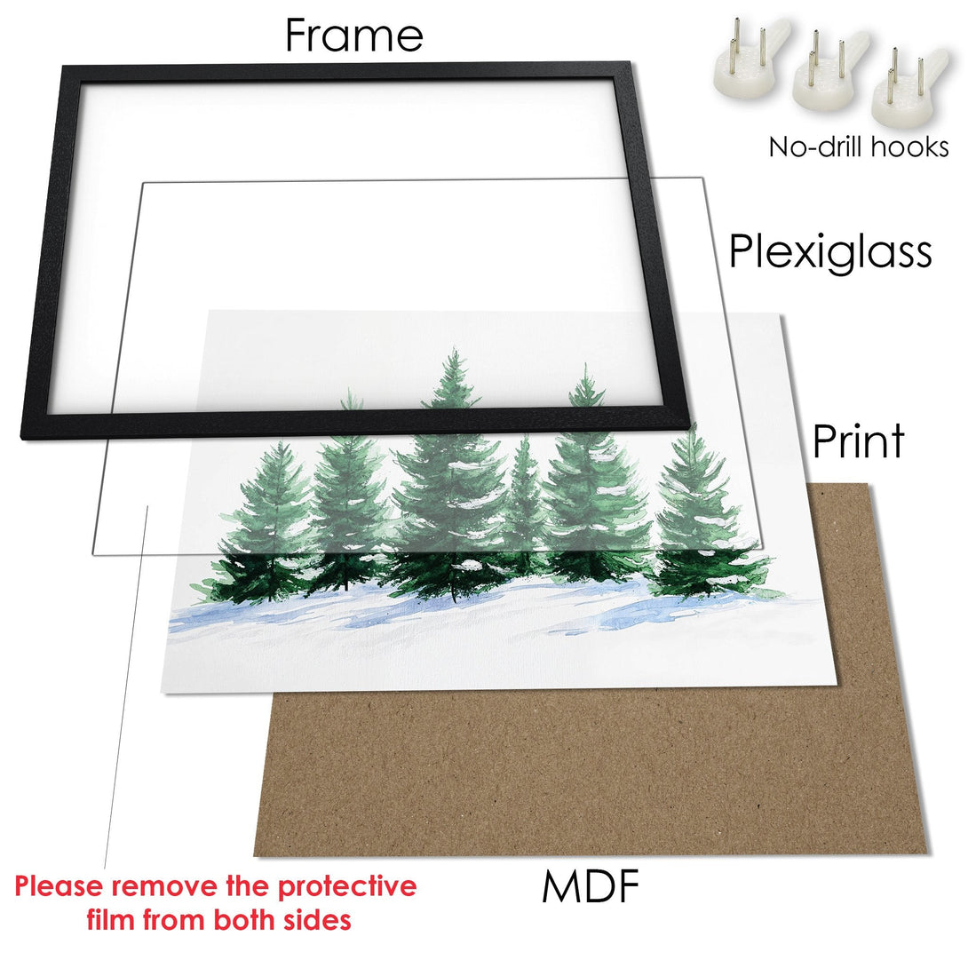 Framed Poster featuring watercolor evergreen trees in green and blue, perfect wall art for your home decor.