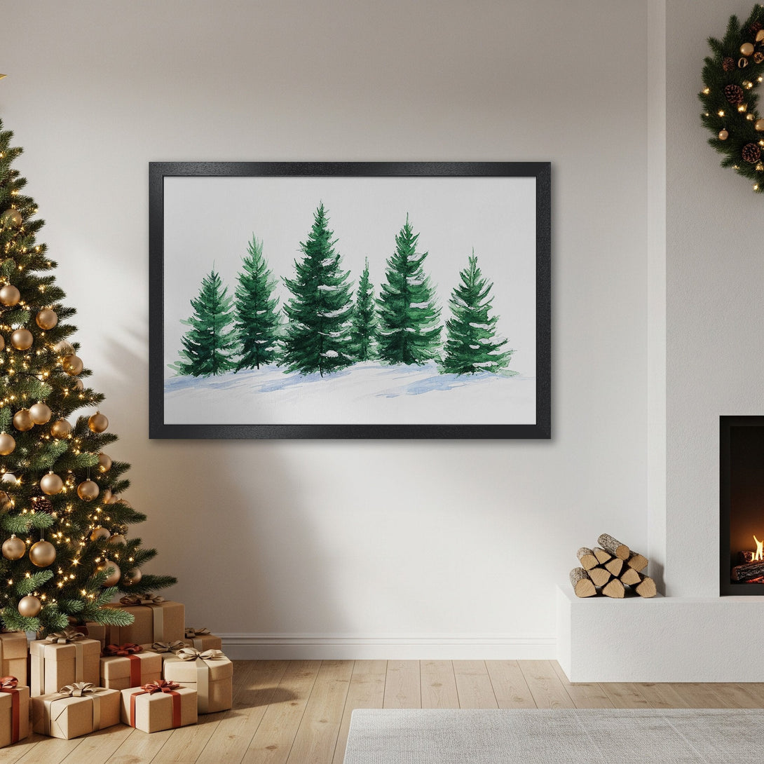 Framed Poster featuring watercolor evergreen trees in a serene winter scene. Green and white color palette, perfect for holiday decor.