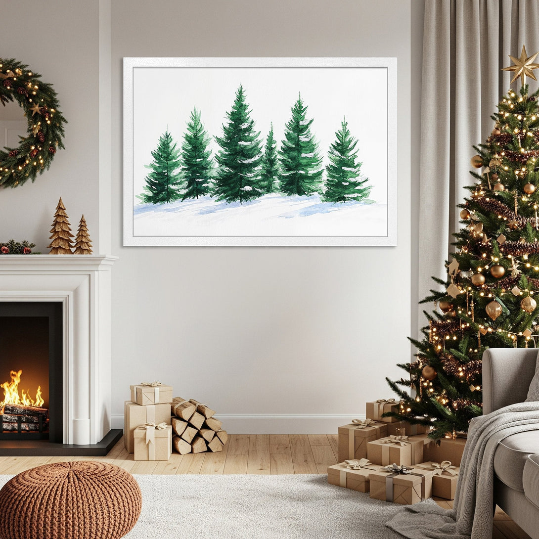 Framed Poster featuring watercolor evergreen trees in a winter scene. Perfect holiday decor with a green and white color palette.